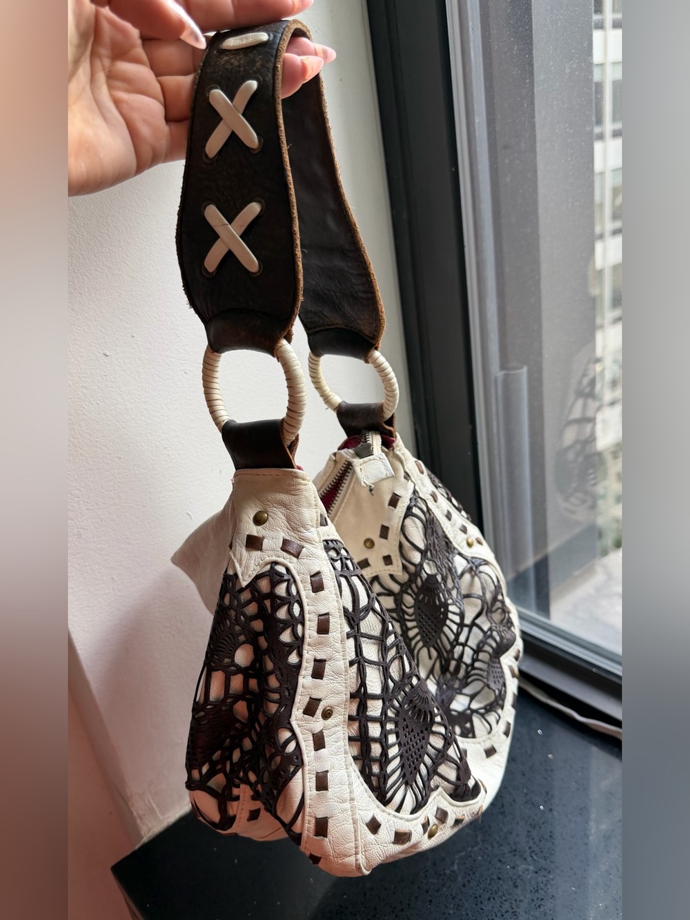 BETSEY JOHNSON white leather bag with brown laser cut , top hand purse/bag